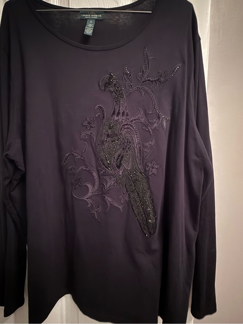 Lauren Ralph Lauren Black Long Sleeve Embellished Parrot Tee